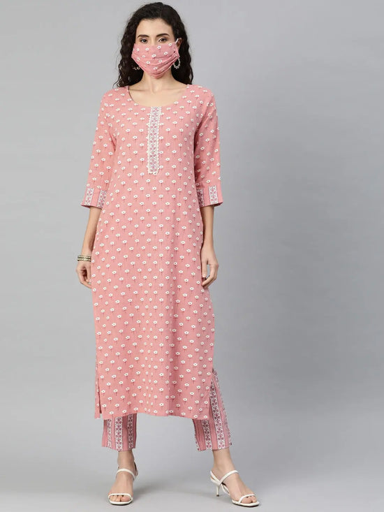 Ahika Women Pink White Printed Kurta With Trousers Set