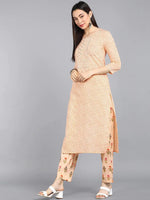 Ahika Women Peach Coloured Striped Regular Pure Cotton Kurta With Trousers Set