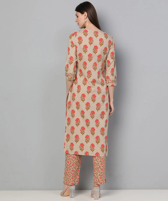 Ahika Women Beige Pink Printed Kurta With Trousers Set