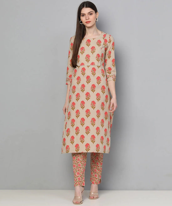 Ahika Women Beige Pink Printed Kurta With Trousers Set