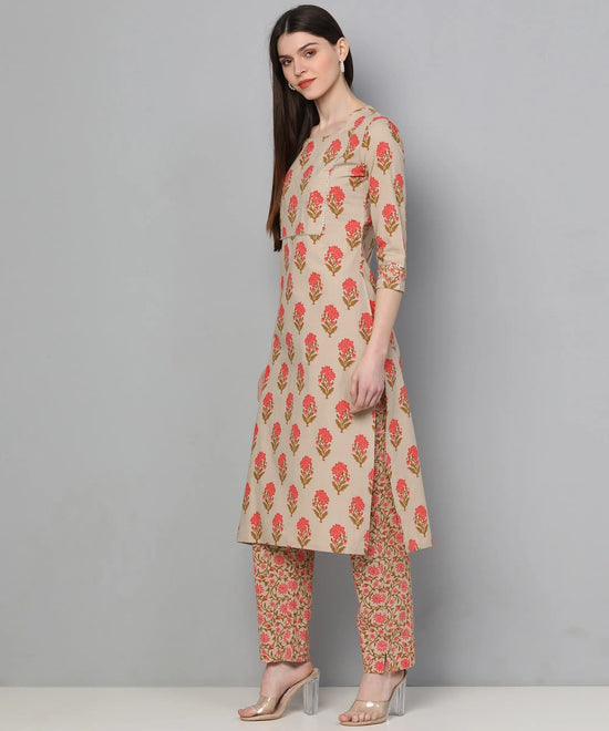 Ahika Women Beige Pink Printed Kurta With Trousers Set