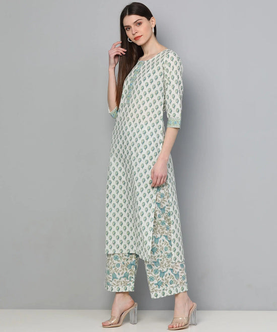 Ahika Women Off White And Green Color Cotton Fabric Printed Fancy Kurta And Palazzo Set