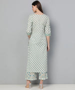 Ahika Women Off White And Green Color Cotton Fabric Printed Fancy Kurta And Palazzo Set