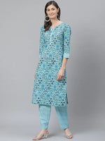 Ahika Women Cotton Turquoise Blue Ethnic Motifs Printed Straight Kurta Pant Set