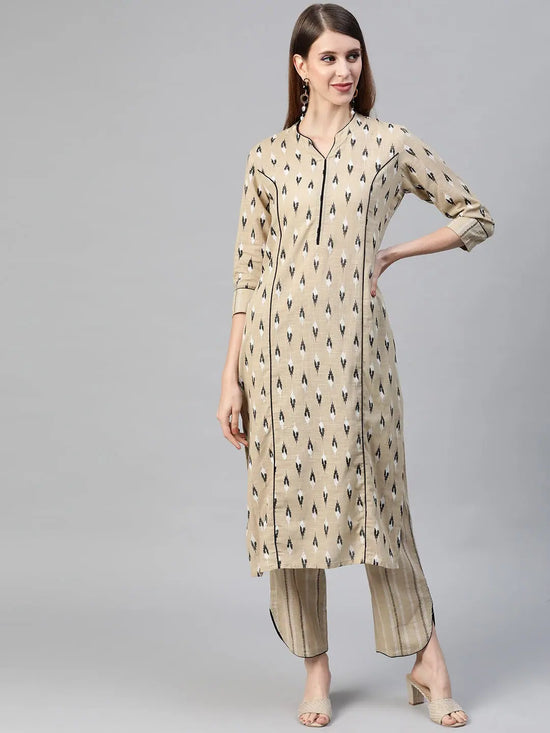 Ahika Women Beige Pure Cotton Woven Design Kurta With Trousers