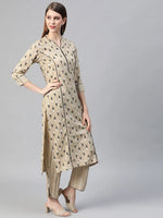 Ahika Women Beige Pure Cotton Woven Design Kurta With Trousers