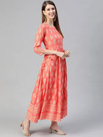 Ahika Women Cotton Coral Ethnic Motifs Printed A Line Kurta And Dupatta Set