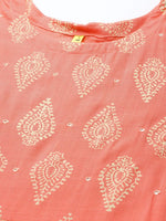 Ahika Women Cotton Coral Ethnic Motifs Printed A Line Kurta And Dupatta Set