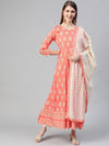 Ahika Women Cotton Coral Ethnic Motifs Printed A Line Kurta And Dupatta Set