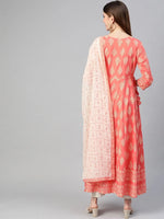 Ahika Women Cotton Coral Ethnic Motifs Printed A Line Kurta And Dupatta Set