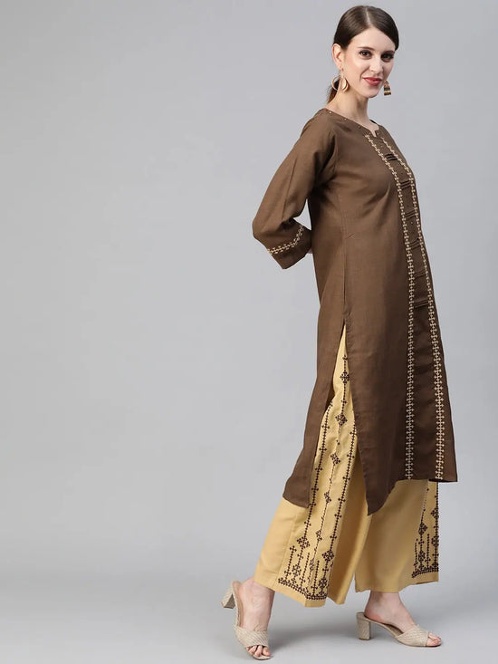 Ahika Women Cotton Brown Embroidered Printed Straight Kurta Pant Set