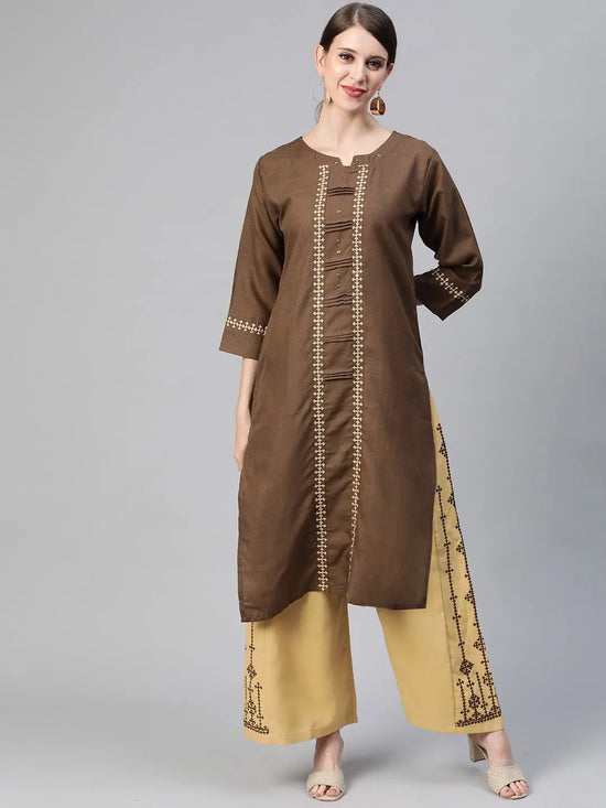 Ahika Women Cotton Brown Embroidered Printed Straight Kurta Pant Set