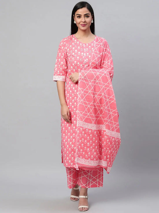 Ahika Women Pink White Printed Kurta With Palazzos Dupatta