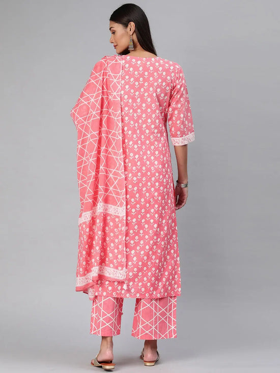 Ahika Women Pink White Printed Kurta With Palazzos Dupatta