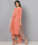 Ahika Women Pink And White Color Cotton Fabric Printed Fancy Kurta