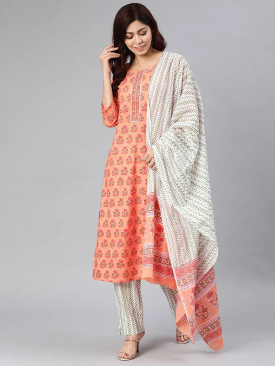 Ahika Women Peach Coloured White Printed Kurta With Trousers Dupatta