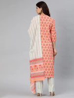 Ahika Women Peach Coloured White Printed Kurta With Trousers Dupatta