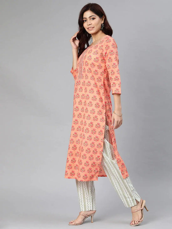 Ahika Women Peach Coloured White Printed Kurta With Trousers Dupatta