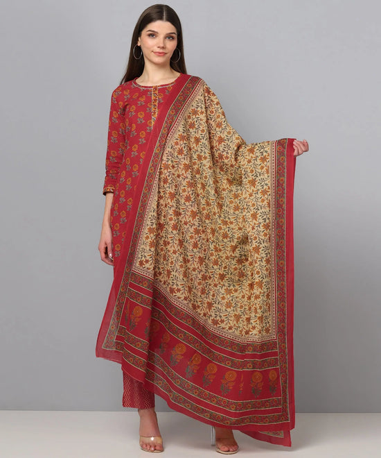 Ahika Women Maroon Brown Printed Kurta With Trousers Dupatta