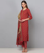 Ahika Women Maroon Brown Printed Kurta With Trousers Dupatta