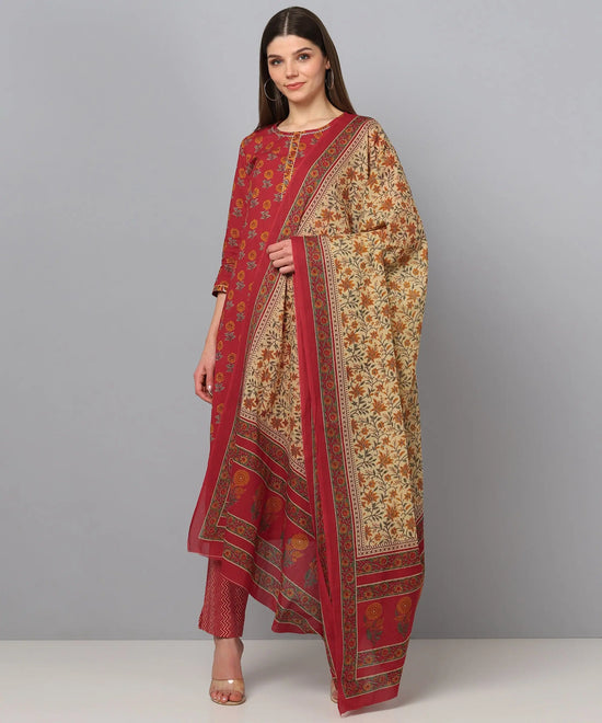 Ahika Women Maroon Brown Printed Kurta With Trousers Dupatta