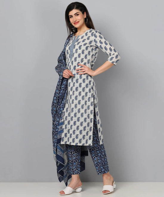 Ahika Women Blue Color Cotton Fabric Printed Fancy Kurta And Palazzo Dupatta Set