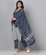 Ahika Women Blue Color Cotton Fabric Printed Fancy Kurta And Palazzo Dupatta Set