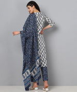 Ahika Women Blue Color Cotton Fabric Printed Fancy Kurta And Palazzo Dupatta Set