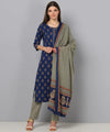 Ahika Women Blue And Grey Color Cotton Fabric Printed Fancy Kurta And Palazzo Dupatta Set