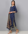 Ahika Women Blue And Grey Color Cotton Fabric Printed Fancy Kurta And Palazzo Dupatta Set