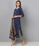 Ahika Women Blue And Grey Color Cotton Fabric Printed Fancy Kurta And Palazzo Dupatta Set