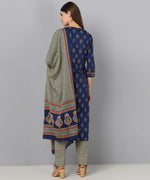 Ahika Women Blue And Grey Color Cotton Fabric Printed Fancy Kurta And Palazzo Dupatta Set