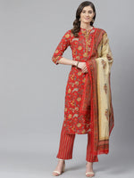 Ahika Women Red Color Cotton Fabric Printed Fancy Kurta And Palazzo Dupatta Set 1