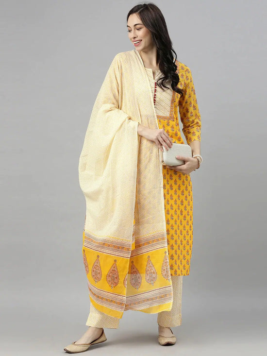 Ahika Women Yellow Orange Printed Kurta With Palazzos Dupatta