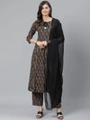 Ahika Women Cotton Black Ethnic Motifs Printed A Line Kurta Pant Dupatta Set