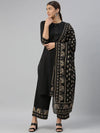 Ahika Women Cotton Black Solid Printed Straight Kurta Palazzo Dupatta Set