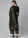 Ahika Women Cotton Black Solid Printed Straight Kurta Palazzo Dupatta Set