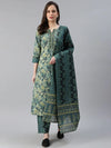 Ahika Women Cotton Teal Ethnic Motifs Printed Straight Kurta Palazzo Dupatta Set