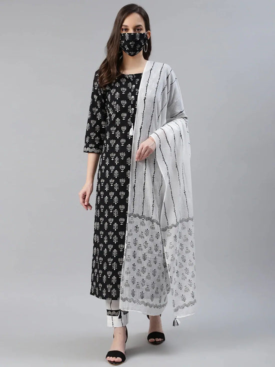 Ahika Women Cotton Black Ethnic Motifs Printed Straight Kurta Palazzo Dupatta Set