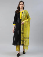 Ahika Women Cotton Black Ethnic Motifs Printed Straight Kurta Palazzo Dupatta Set 1