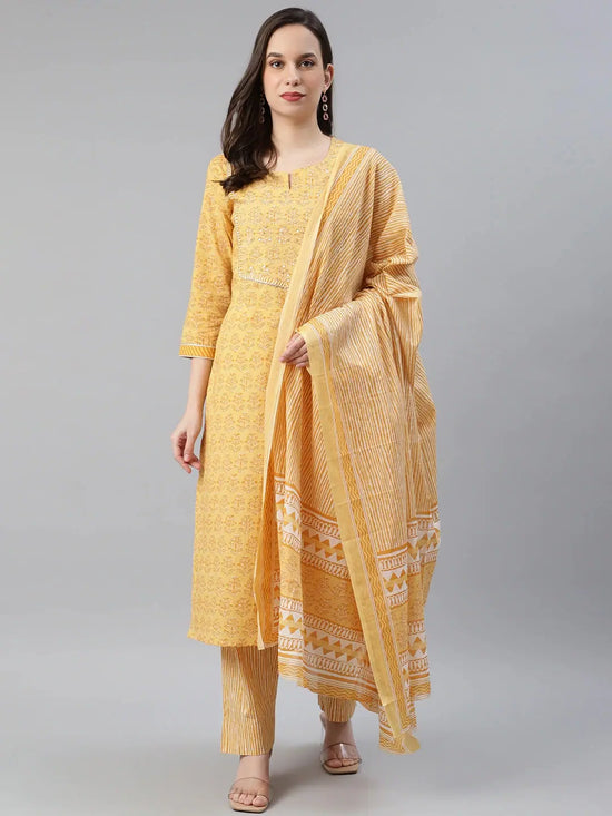 Ahika Women Cotton Yellow Ethnic Motifs Printed Straight Kurta Palazzo Dupatta Set