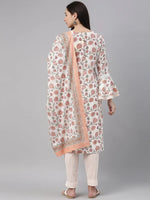 Ahika Women Cotton White Floral Printed Straight Kurta Pant Dupatta Set