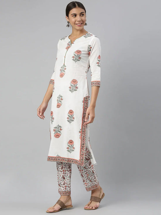 Ahika Women Cotton White Floral Printed Straight Kurta Palazzo Dupatta Set