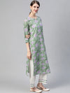 Ahika Women Cotton Green Ethnic Motifs Printed Straight Kurta Pant Dupatta Set 1