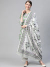 Ahika Women Cotton Green Ethnic Motifs Printed Straight Kurta Pant Dupatta Set 1