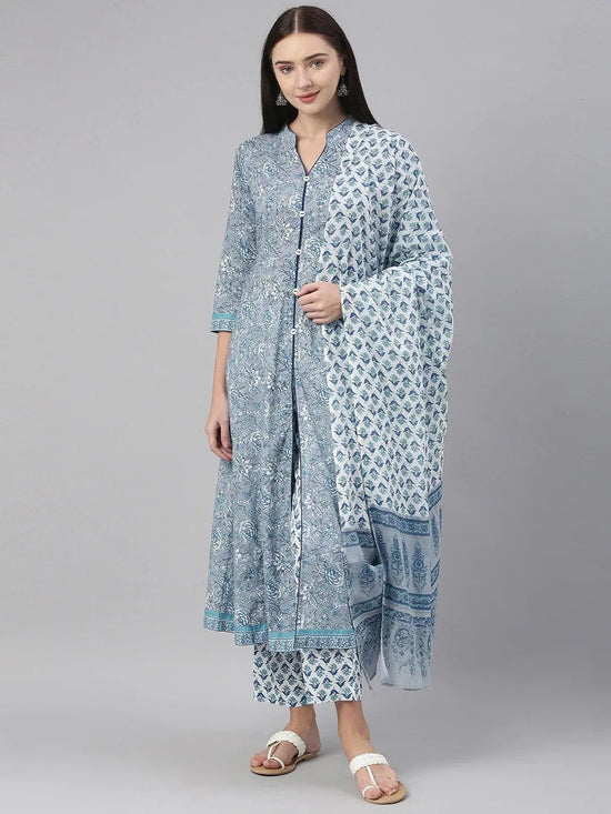 Ahika Women Cotton Grey Floral Printed A Line Kurta Pant Dupatta Set