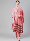 Ahika Women Cotton Pink Geometric Printed Straight Kurta Pant Dupatta Set