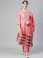 Ahika Women Cotton Pink Geometric Printed Straight Kurta Pant Dupatta Set