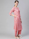 Ahika Women Cotton Pink Geometric Printed Straight Kurta Pant Dupatta Set