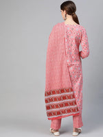 Ahika Women Cotton Pink Geometric Printed Straight Kurta Pant Dupatta Set